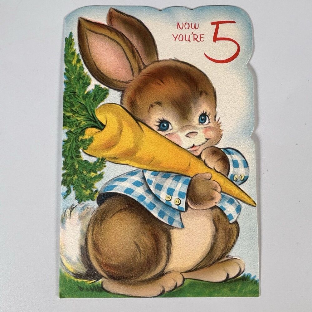 Vintage CharmCraft Bunny 5th Birthday Card Die Cut Cute Rabbit Anthropomorphic